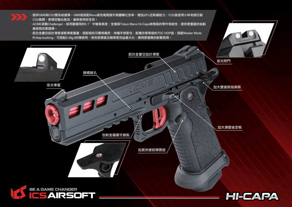 ICS Hi-Capa ACME 瓦斯 / CO2 雙系統 後座力氣槍手槍 - | 塔蘭戰術生存遊戲官方網站 TW